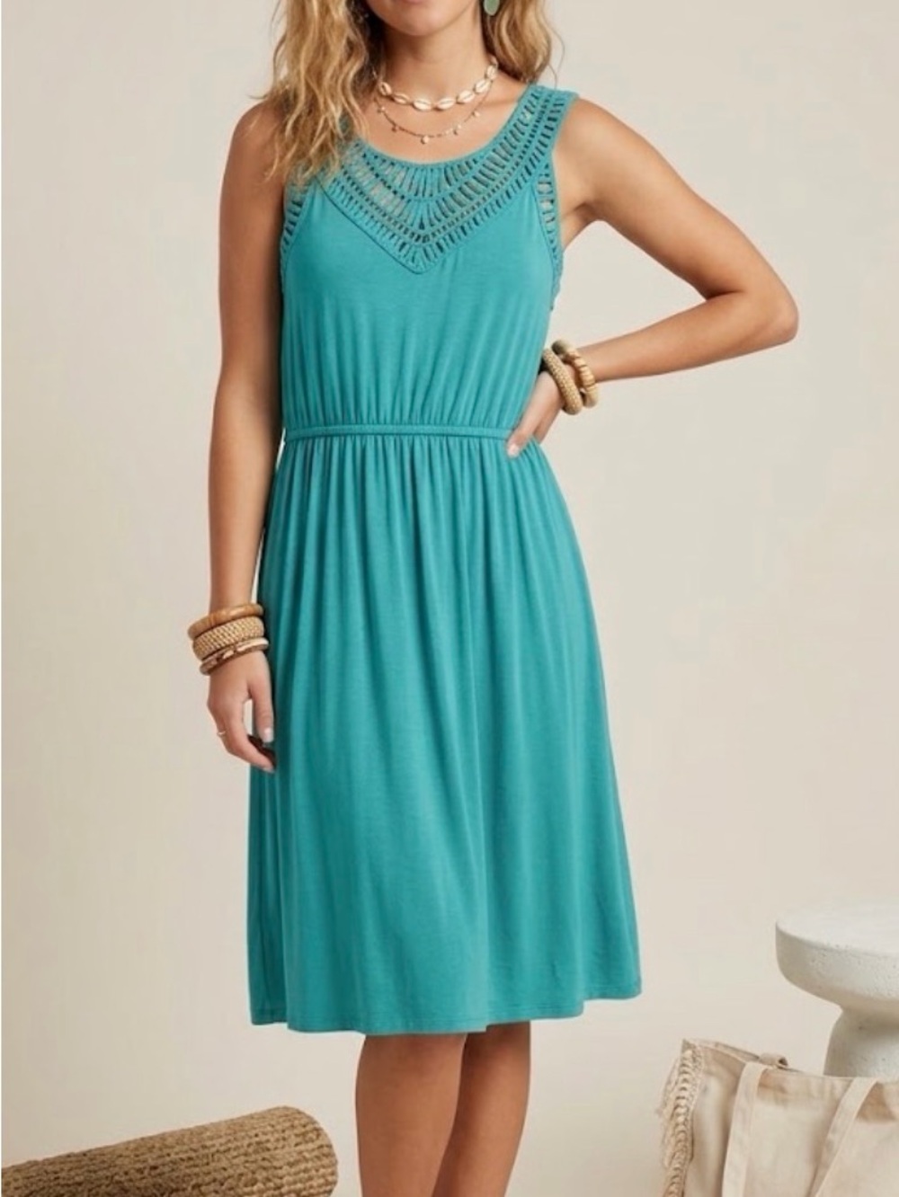 Cable & Gage Turquoise Teal Blue Crochet Boho Tank Dress